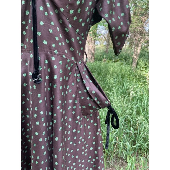 Vintage 1940s Brown Polished Cotton Floral Dress Art Deco - Picture 10 of 16